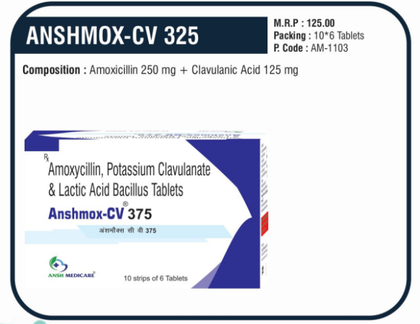 ANSHMOX-CV 375 (Amoxicillin 250 mg + Clavulanic Acid 125 mg + Lactic Acid Bacillus)