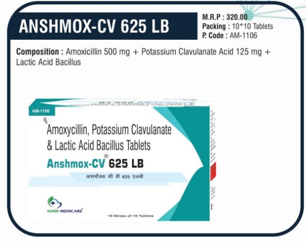 ANSHMOX-CV 625 LB (Amoxicillin 500 mg + Potassium Clavulanate 125 mg + Lactic Acid Bacillus)