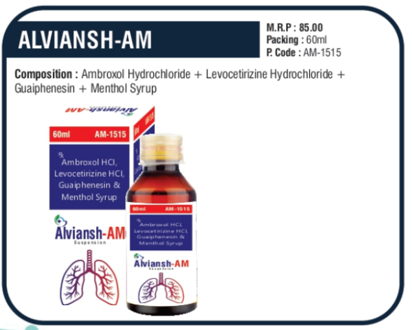 ALVIANSH-AM 60ML (Ambroxol Hydrochloride + Levocetirizine Hydrochloride + Guaiphenesin + Menthol)