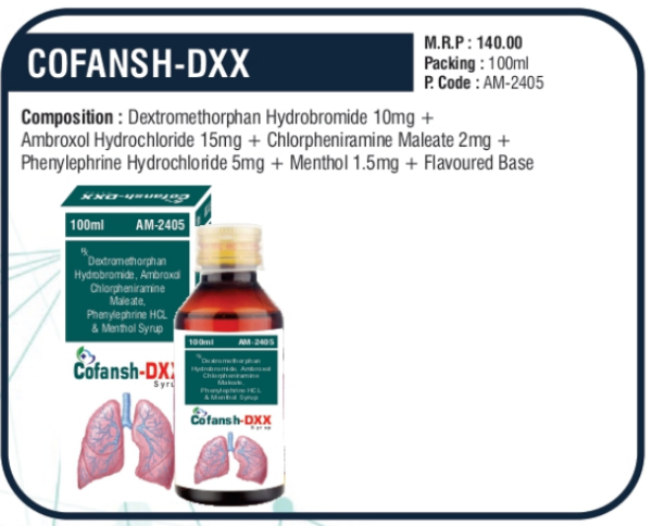 COFANSH-DXX 100ml (Dextromethorphan Hydrobromide 10mg + Ambroxol Hydrochloride 15mg + Chlorpheniramine Maleate 2mg + Phenylephrine Hydrochloride 5mg + Menthol 1.5mg + Flavoured Base)