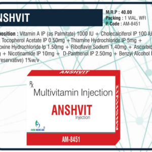 ANSHVIT (VITAMIN A 1000 IU + CHOLECALCIFEROL 100 IU + ALPHA TOCOPHEROL ACETATE 0.50MG + THIAMINE HYDROCHLORIDE 5MG + PYRIDOXINE HYDROCHLORIDE 1.50MG + RIBOFLAVIN SODIUM 1.40MG + ASCORBIC ACID 50MG + NICOTINAMIDE 10MG + D-PANTHENOL 2.50MG) 🌟 📦 Pack Size: 1 VIAL (WFI)