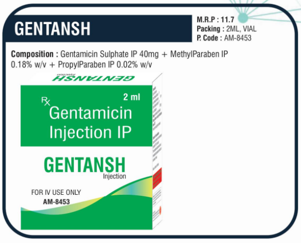 GENTANSH Injection (Gentamicin Sulphate 40mg + Methyl Paraben 0.18% w/v + Propyl Paraben 0.02% w/v)