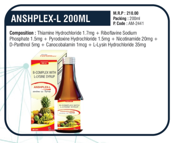 ANSHPLEX-L 200ML (Thiamine Hydrochloride 1.7mg + Riboflavine Sodium Phosphate 1.5mg + Pyridoxine Hydrochloride 1.5mg + Nicotinamide 20mg + D-Panthenol 5mg + Cyanocobalamin 1mcg + L-Lysine Hydrochloride 35mg)
